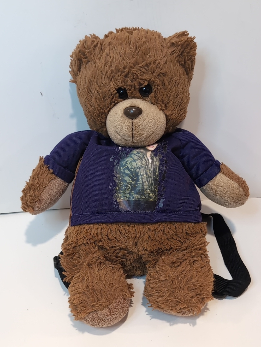 Justin Bieber Plush Brown Bear Backpack Purple Shirt